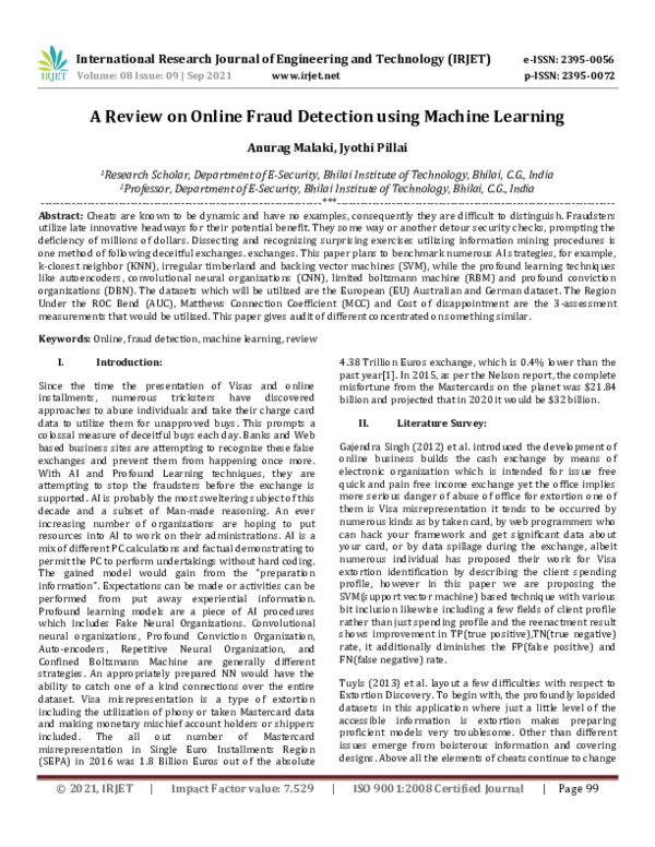 (PDF) IRJET- A Review on Online Fraud Detection using Machine Learning