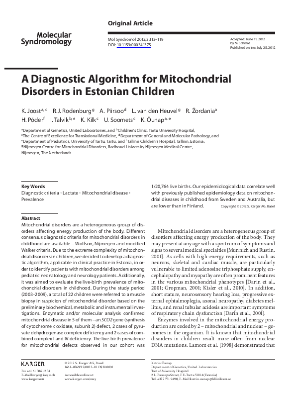 (PDF) A Diagnostic Algorithm for Mitochondrial Disorders in Estonian ...