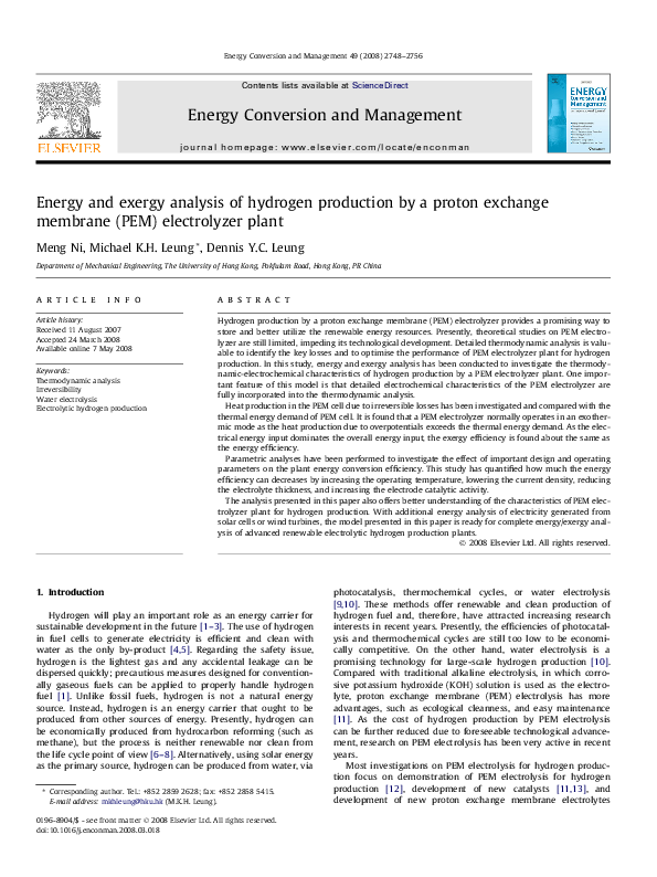 (PDF) Energy and exergy analysis of hydrogen production by a proton ...