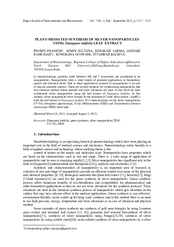(PDF) PLANT-MEDIATED SYNTHESIS OF SILVER NANOPARTICLES USING Elaeagnus ...