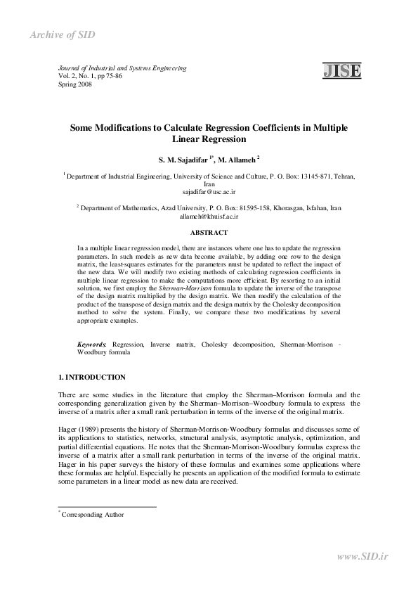 (PDF) Efficient Updates for Regression Coefficients in Multiple Linear ...