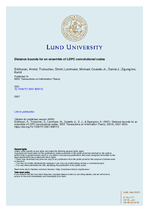 (PDF) Distance Bounds for an Ensemble of LDPC Convolutional Codes