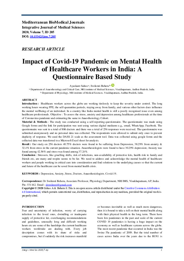 (PDF) Impact of Covid-19 Pandemic on Mental Health of Healthcare ...
