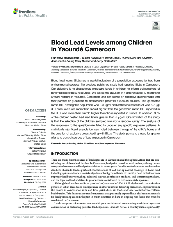 (PDF) Blood Lead Levels among Children in Yaoundé Cameroon