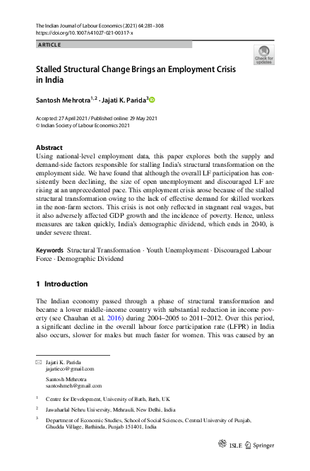 (PDF) Stalled Structural Change Brings an Employment Crisis in India