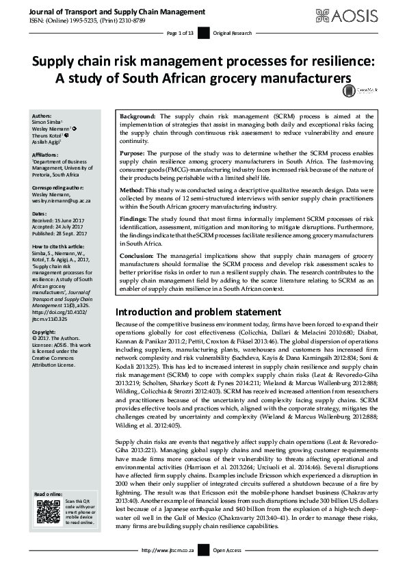 (PDF) Supply chain risk management processes for resilience: A study of ...