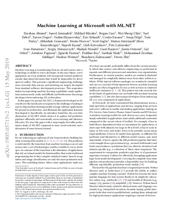 (PDF) Machine Learning at Microsoft with ML.NET