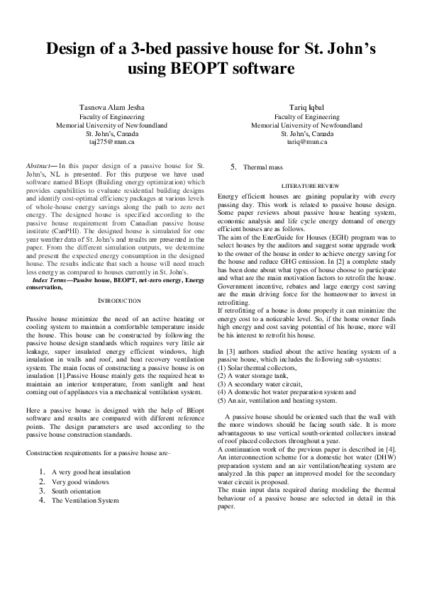 (PDF) Design of a 3-bed passive house for St. John's using BEOPT software