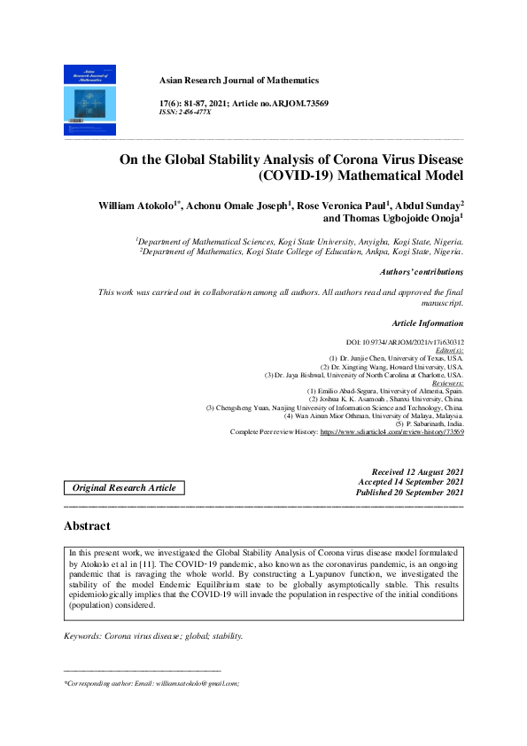 (PDF) On the Global Stability Analysis of Corona Virus Disease (COVID ...