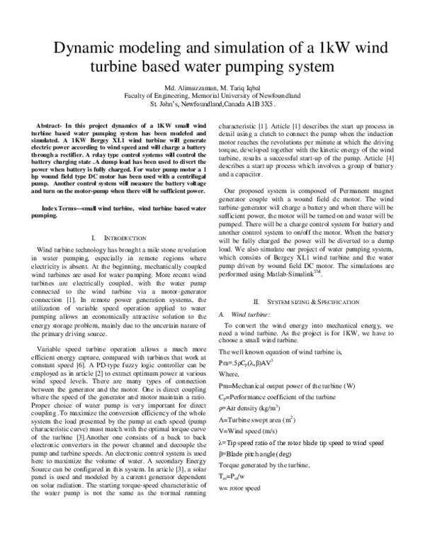 (PDF) Dynamic modeling and simulation of a 1kW wind turbine based water ...
