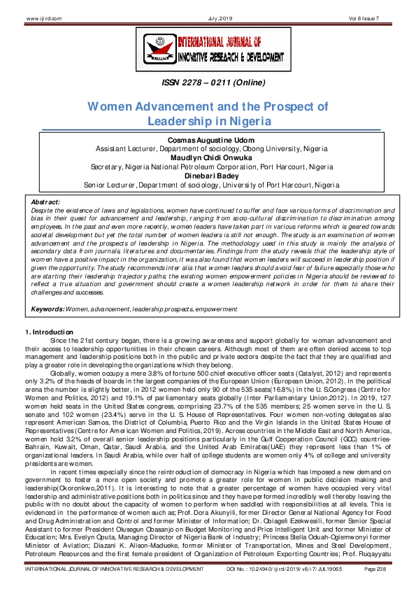 (PDF) Women Advancement and the Prospect of Leadership in Nigeria