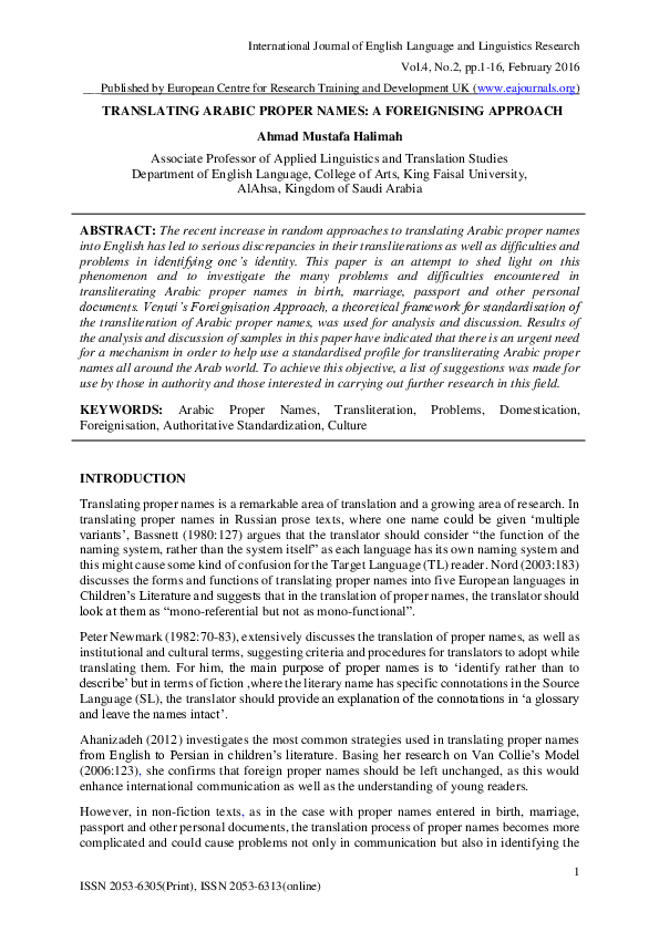 (PDF) TRANSLATING ARABIC PROPER NAMES: A FOREIGNISING APPROACH