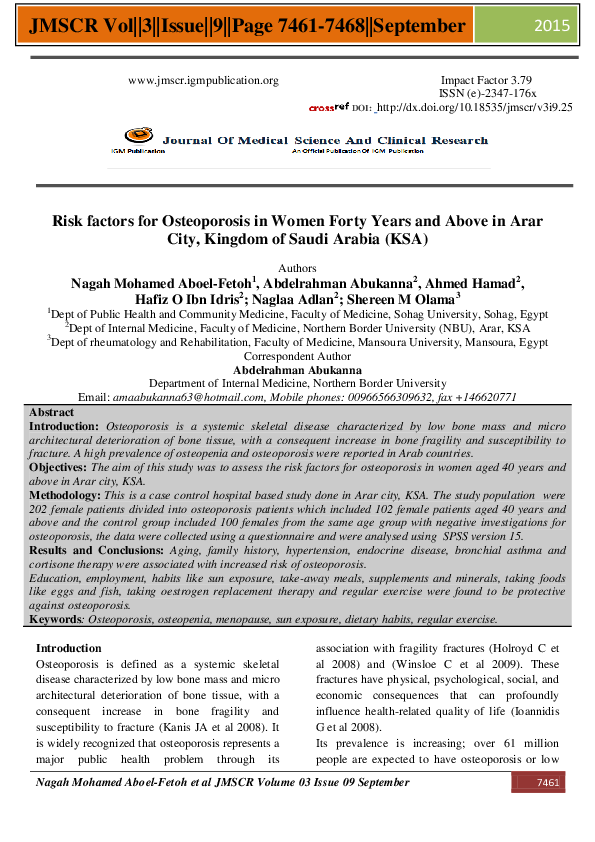 (PDF) Risk factors for Osteoporosis in Women Forty Years and Above in ...