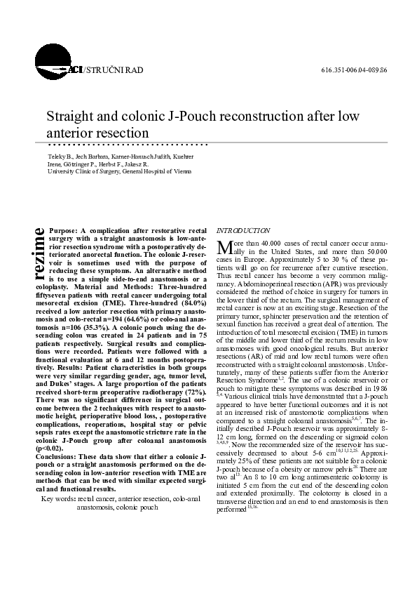 (PDF) Straight and colonic Jpouch reconstruction after low anterior