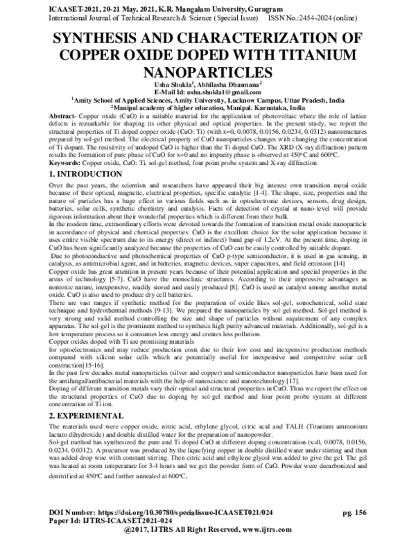 (PDF) Synthesis and Characterization of Copper Oxide Doped with ...