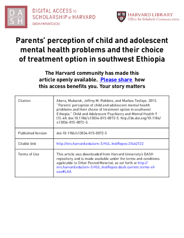 (PDF) Parents’ perception of child and adolescent mental health ...
