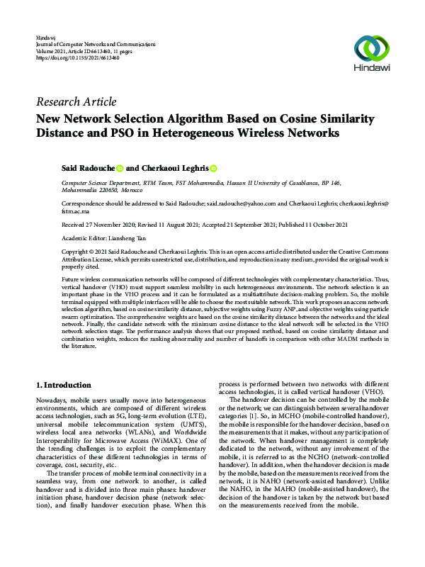 (PDF) New Network Selection Algorithm Based on Cosine Similarity ...