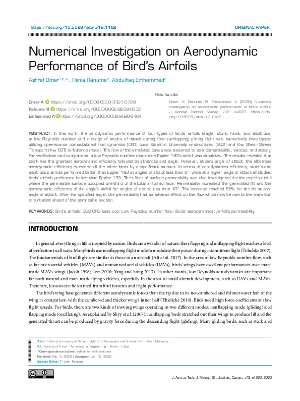 (PDF) Numerical Investigation on Aerodynamic Performance of Bird’s Airfoils