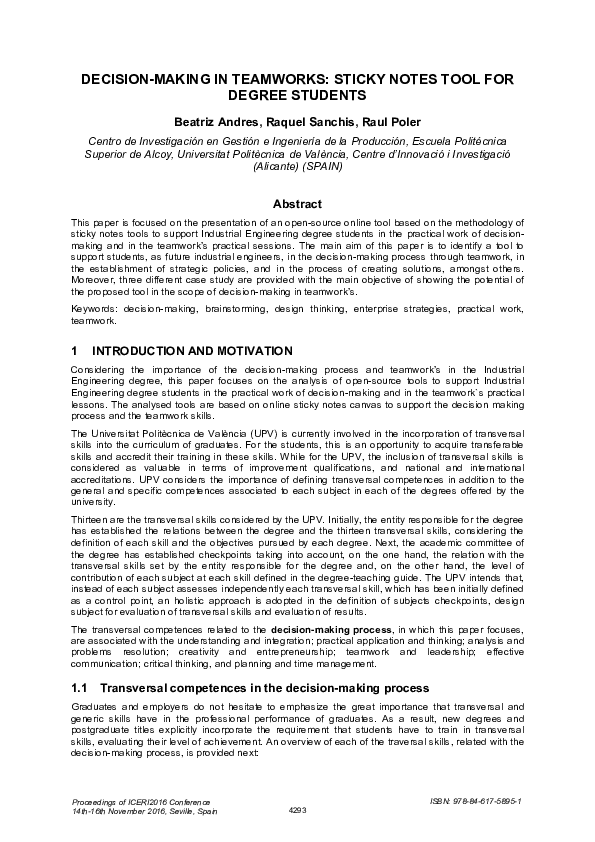 (PDF) Decision-Making in Teamworks: Sticky Notes Tool for Degree Students
