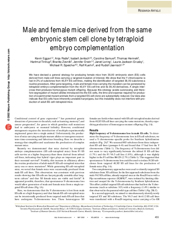 (PDF) Male and female mice derived from the same embryonic stem cell ...