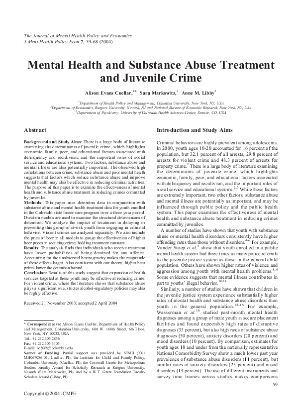 (PDF) Mental health and substance abuse treatment and juvenile crime