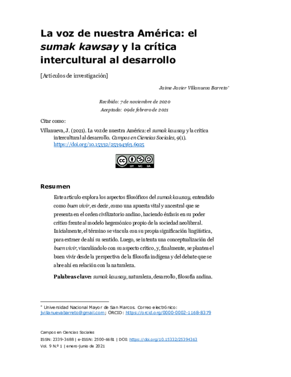 (PDF) La voz de nuestra América el sumak kawsay y la crítica