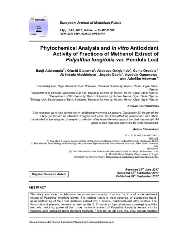 (PDF) Phytochemical Analysis and in vitro Antioxidant Activity of ...