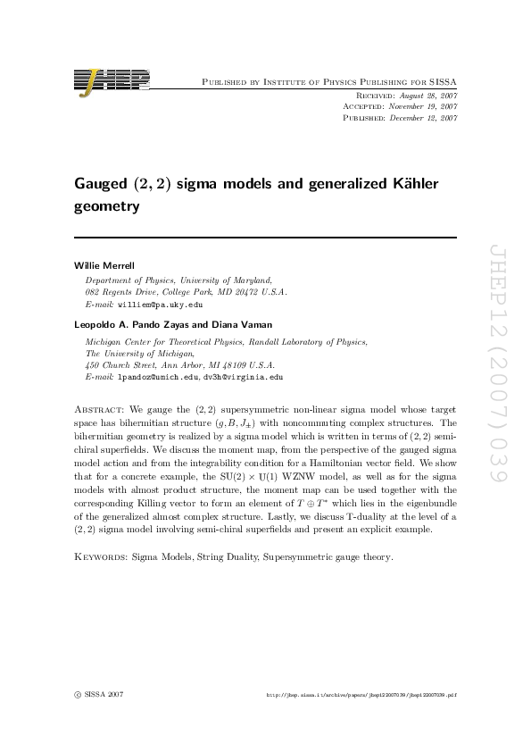 (PDF) Gauged (2,2) sigma models and generalized Kähler geometry