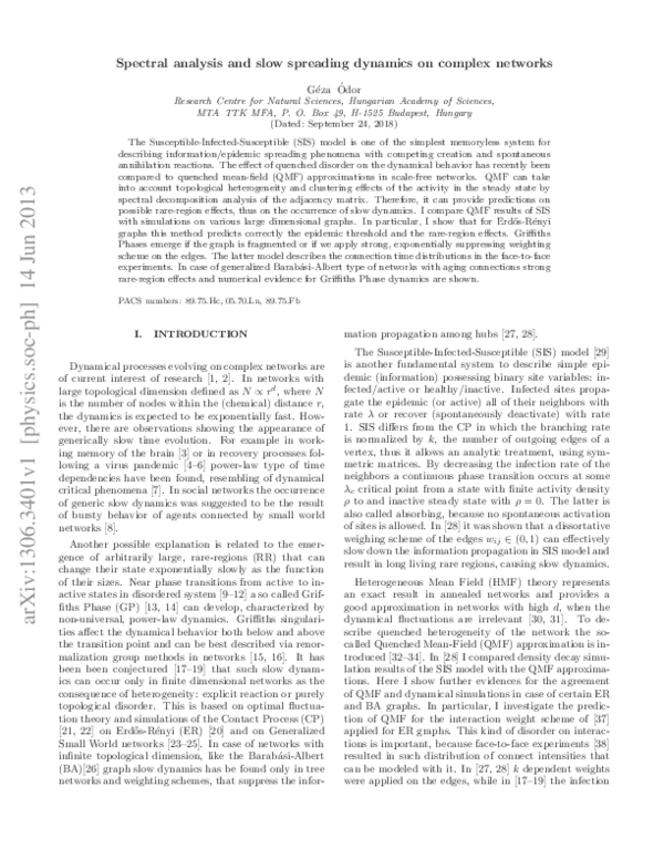 (PDF) Spectral analysis and slow spreading dynamics on complex networks