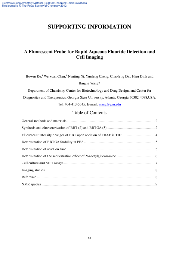 (PDF) A fluorescent probe for rapid aqueous fluoride detection and cell ...