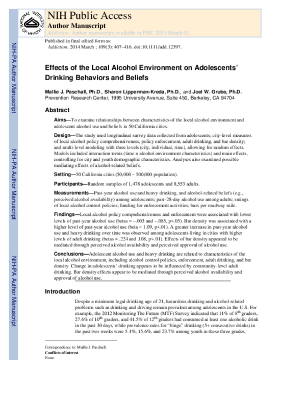 (PDF) Effects of the local alcohol environment on adolescents' drinking ...