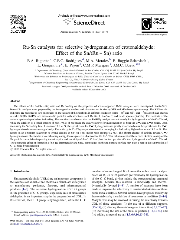 (PDF) Ru-Sn catalysts for selective hydrogenation of crotonaldehyde ...