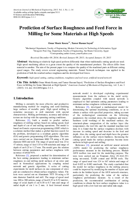 (PDF) Prediction of Surface Roughness and Feed Force in Milling for ...