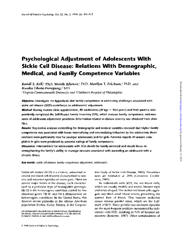 (PDF) Psychological Adjustment of Adolescents With Sickle Cell Disease ...