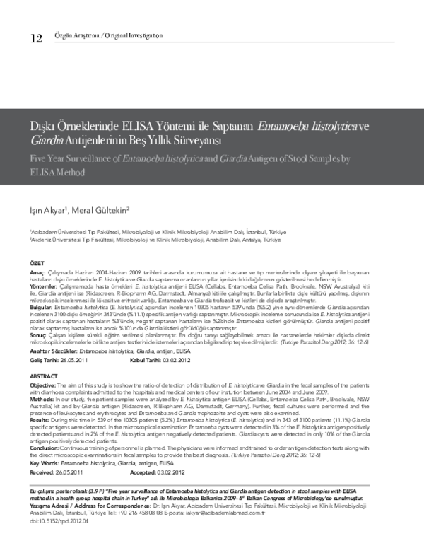 (PDF) [Five year surveillance of Entamoeba histolytica and Giardia