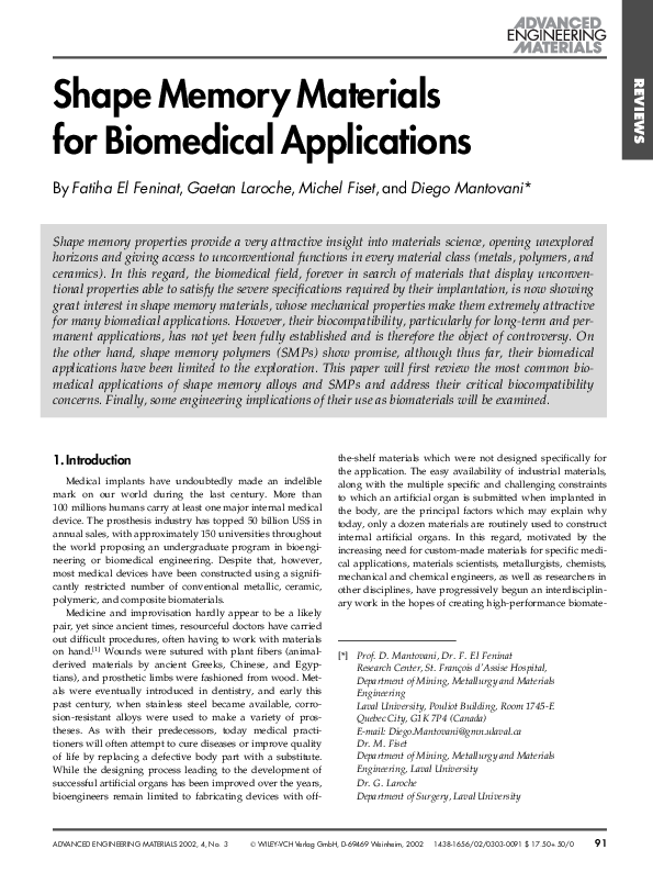 (PDF) Shape Memory Materials for Biomedical Applications