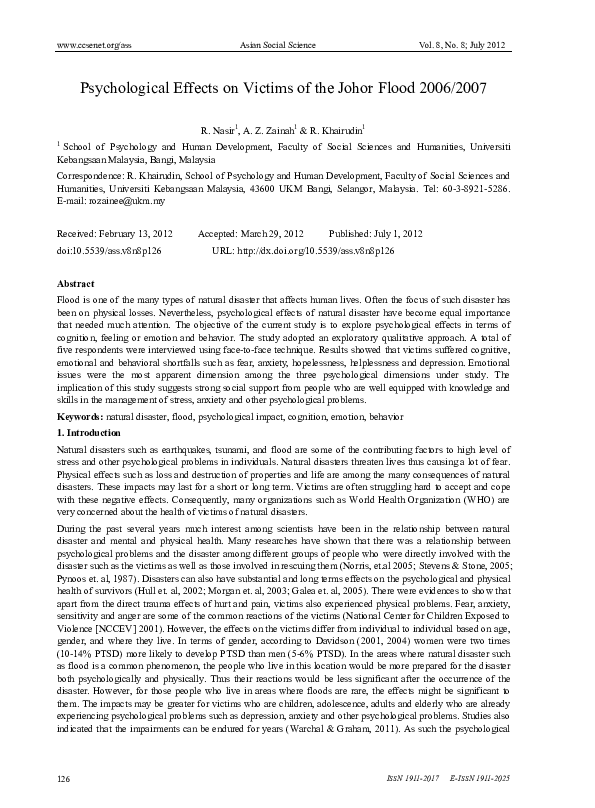 (PDF) Psychological Effects on Victims of the Johor Flood 2006/2007