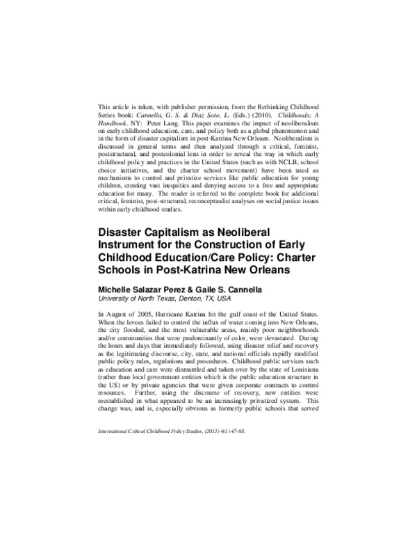 Disaster Capitalism as Neoliberal Instrument for the Construction of Early Childhood Education/Care Policy: Charter Schools in Post-Katrina New Orleans