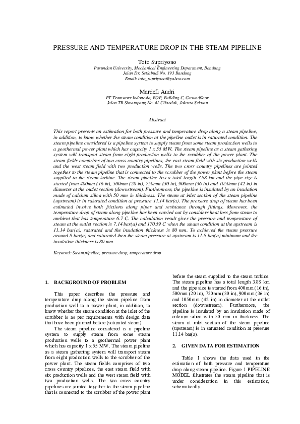 (PDF) PRESSURE AND TEMPERATURE DROP IN THE STEAM PIPELINE
