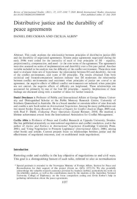 (PDF) Distributive justice and the durability of peace agreements