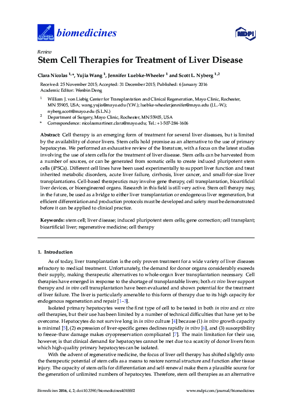(PDF) Stem Cell Therapies for Treatment of Liver Disease