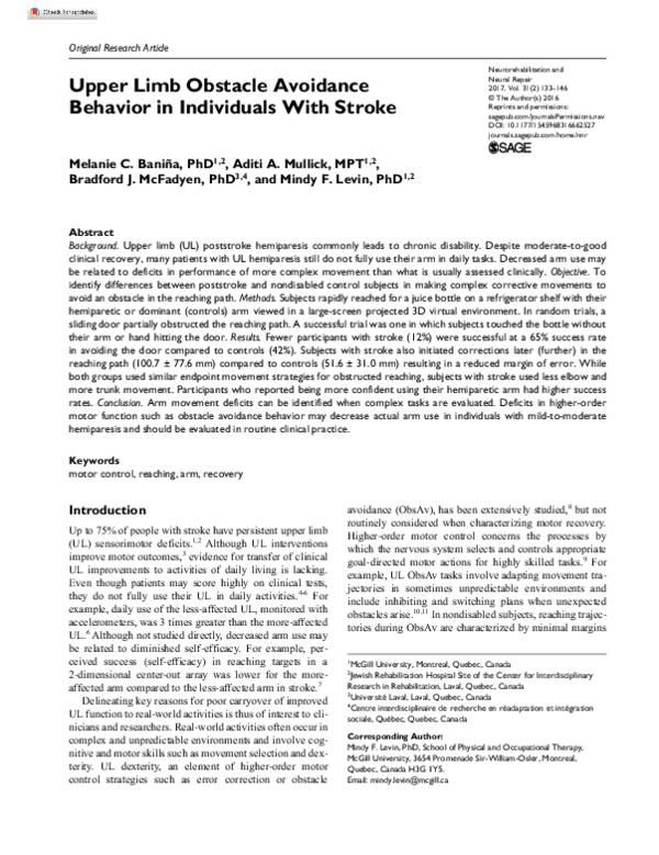 (PDF) Upper Limb Obstacle Avoidance Behavior in Individuals With Stroke