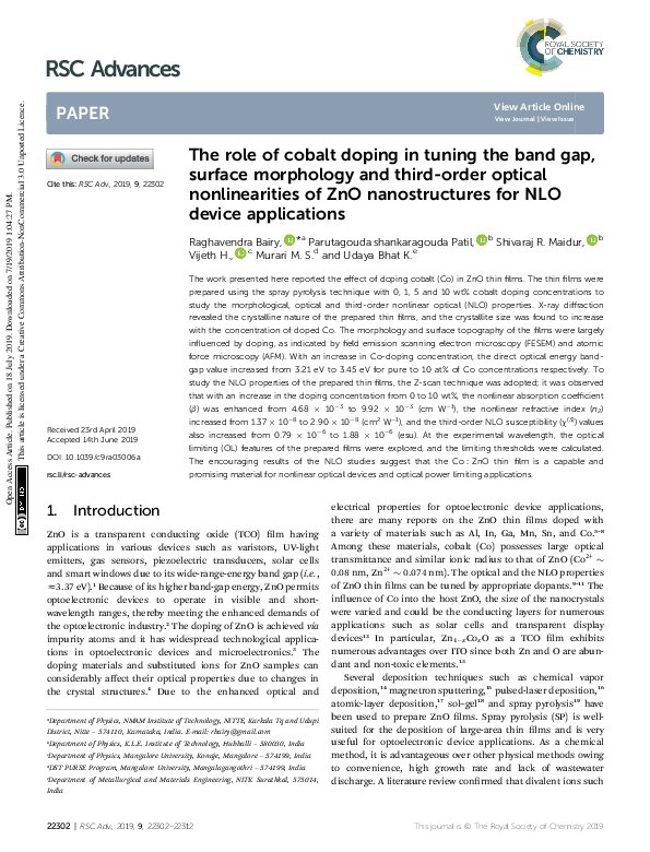 (PDF) The role of cobalt doping in tuning the band gap, surface ...