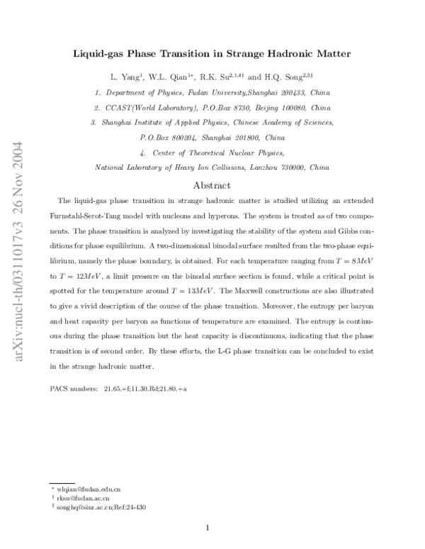 (PDF) Liquid-gas phase transition in strange hadronic matter