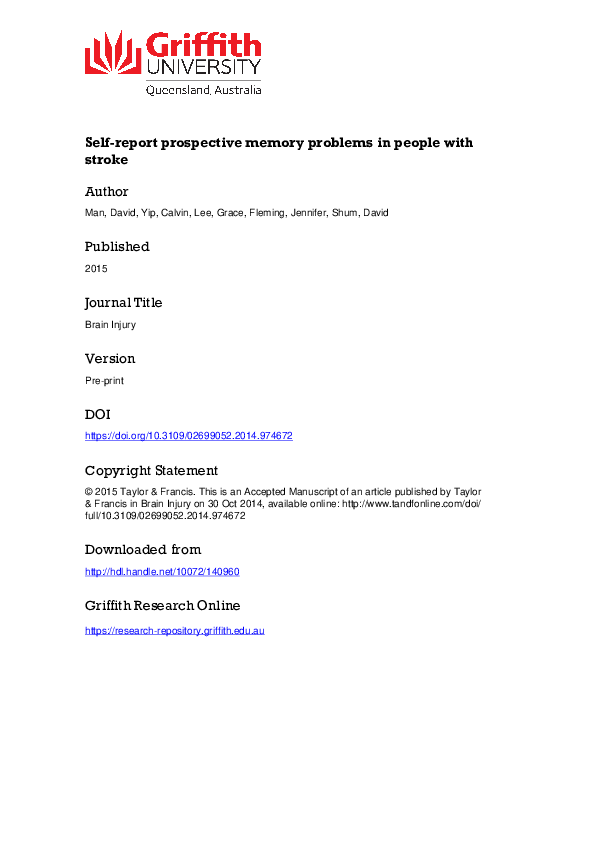 (PDF) Self-report prospective memory problems in people with stroke