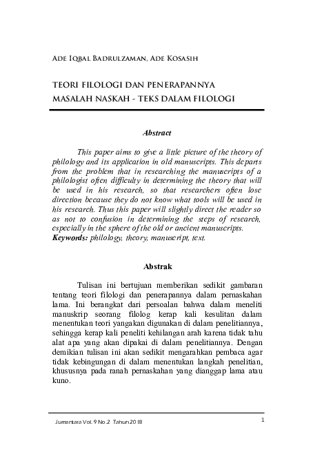 (PDF) Teori Filologi Dan Penerapannya Masalah Naskah-Teks Dalam