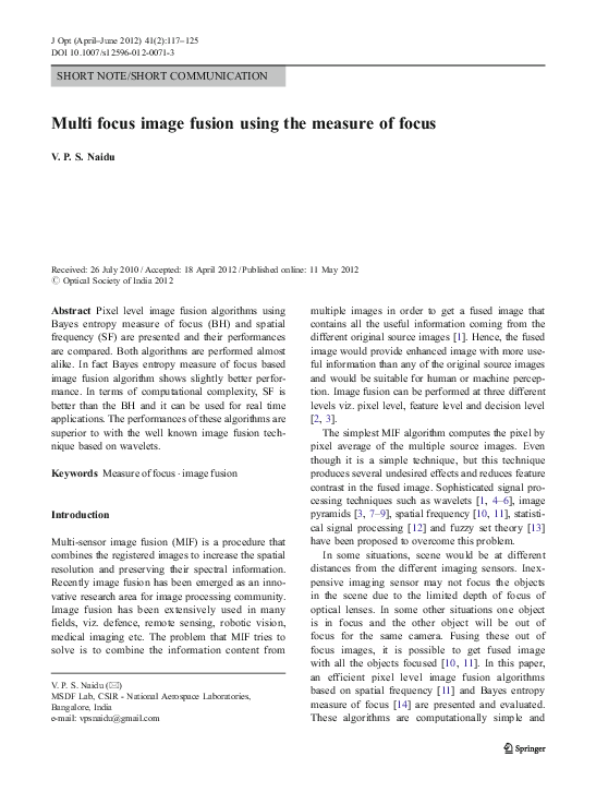 (PDF) Multi focus image fusion using the measure of focus