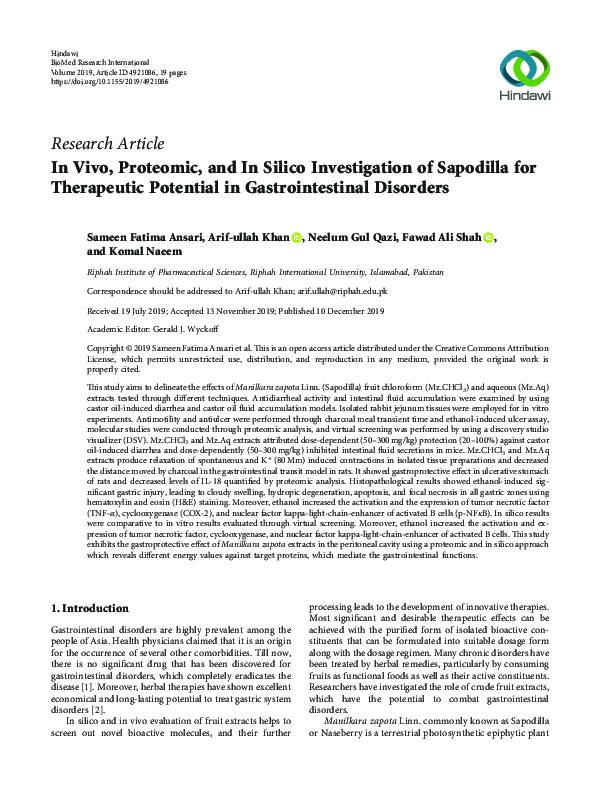 (PDF) In Vivo, Proteomic, and In Silico Investigation of Sapodilla for ...
