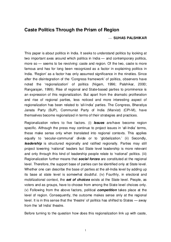(PDF) Caste Politics Through the Prism of Region