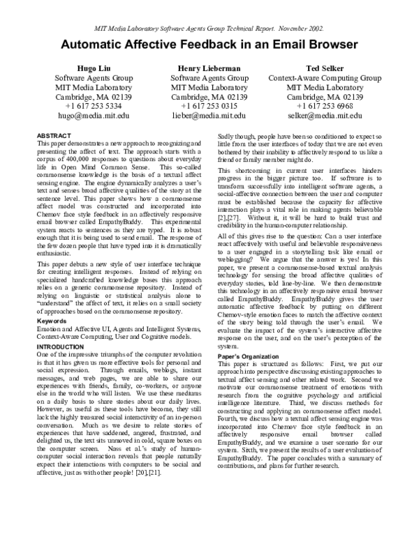 (PDF) Automatic affective feedback in an email browser